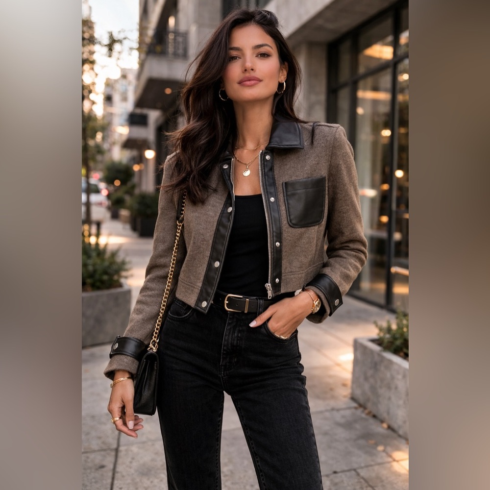 Bagatelle NY Cropped Jacket XS Brown Faux Leather Trim Snap Zip Moto Chic